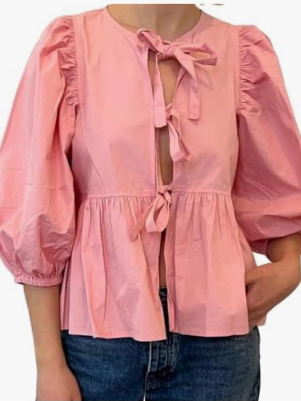 Pink Puff Sleeve Tie-Front Babydoll Top